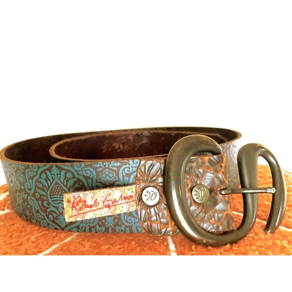 Robert Graham teal and brown belt unique silver “S” buckle tooled embossed 50”